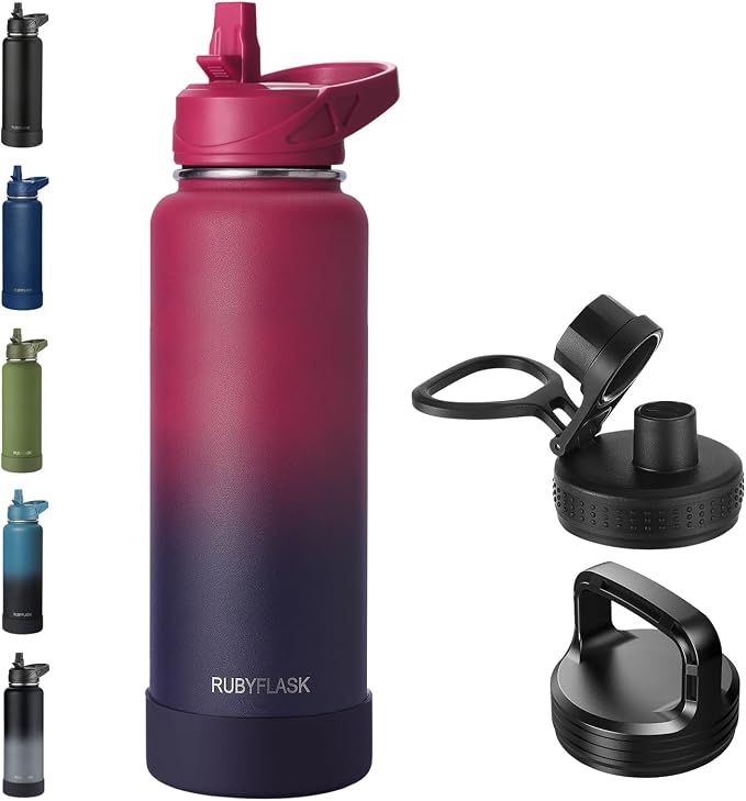 RUBYFLASK 40 oz Insulated Stainless Steel Water Bottle with Straw | 3 Lids, Wide Mouth, Metal Vacuum Leakproof Water Jug Flask and Handle, Large Thermal Cup with Silicone Boot, Dark Rainbow