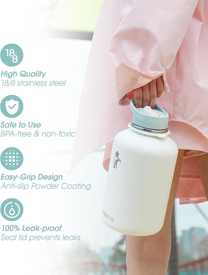 Coolflask Half Gallon Water Bottle Insulated Stainless Steel with Strap | 64 oz Large Water Jug with Straw & Spout Lids,Triple-Wall, Cold 48+h,Dishwasher Safe, Leakproof, BPA-Free,for Gym & Hiking