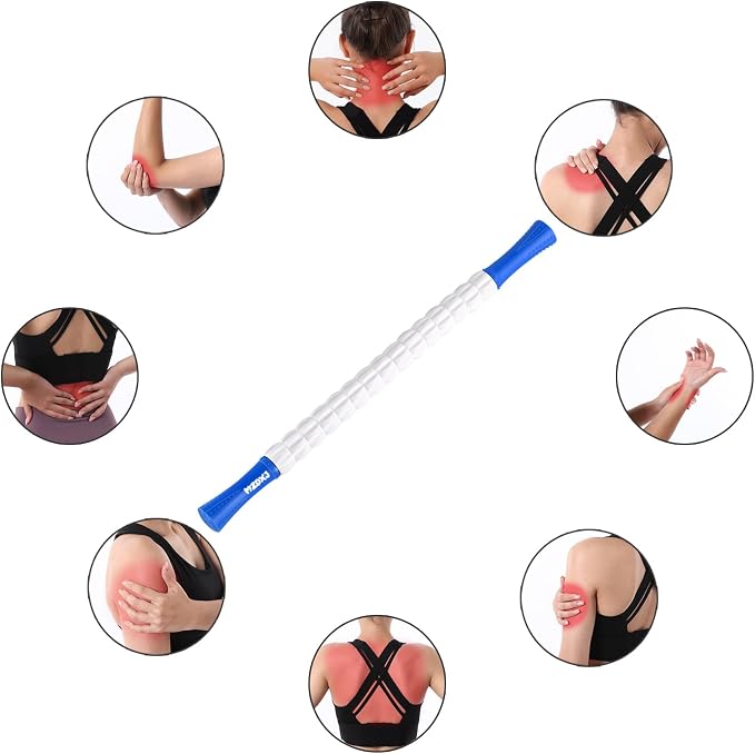 Muscle Roller Massage Roller Stick- Deep Tissue Fascia Blaster for Myofascial Pain Relief, Lymphatic Drainage & Body Sculpting, Handheld Physical Therapy & Recovery Tool (Blue White)
