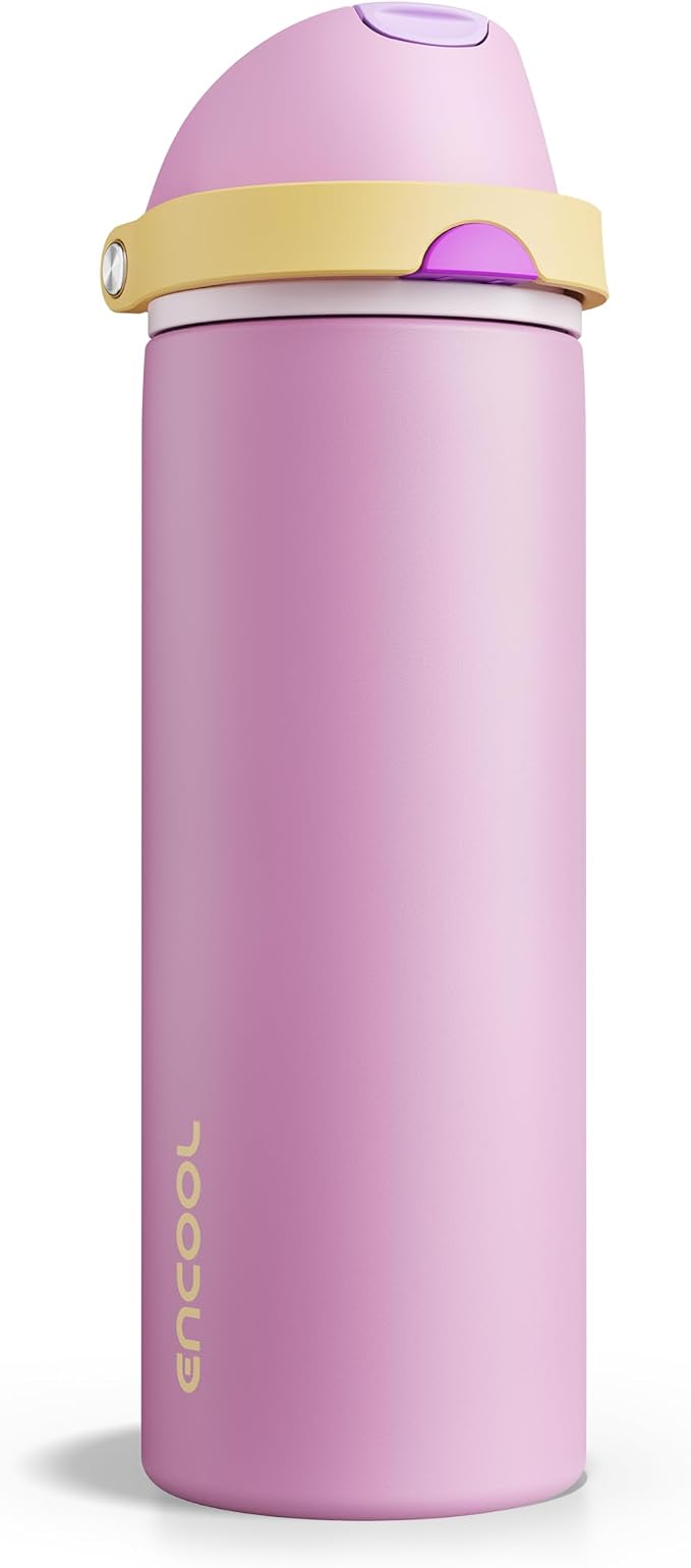 Insulated Water Bottle with Straw - Encool Stainless Steel Water Bottle with Push Button Lid, Leak-Proof & BPA-Free, Keeps Cold for 24 Hours for Sports, Travel, Gym (24 oz, Light Orchid-Fuchsia)