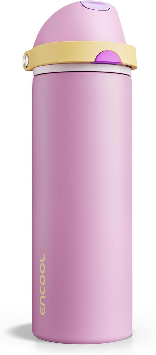 Insulated Water Bottle with Straw - Encool Stainless Steel Water Bottle with Push Button Lid, Leak-Proof & BPA-Free, Keeps Cold for 24 Hours for Sports, Travel, Gym (24 oz, Light Orchid-Fuchsia)