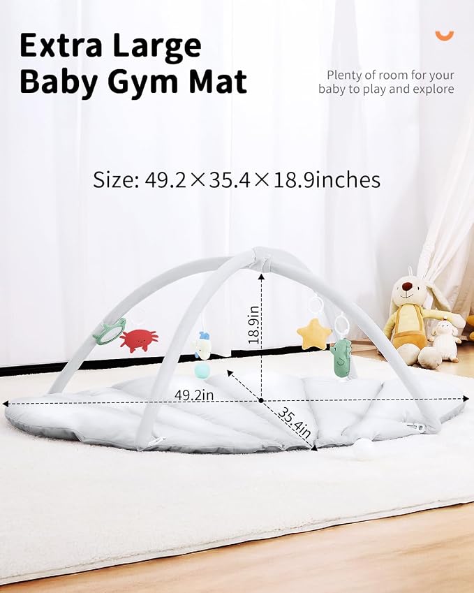 ANGELBLISS Baby Play Gym Mat, Reversible Tummy Time Mat with 6 Sensory Toys for Stage-Based Developmental, Thick & Large Baby Activity Center from Newborn to Toddler (Grey)