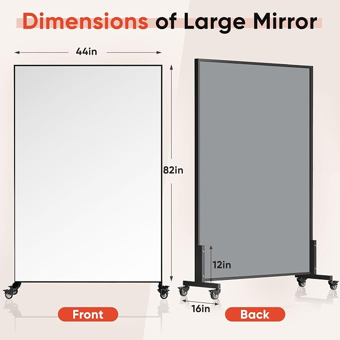 Suidia 82"x44" Extra Large Full Length Mirror on Wheels, 360° Swivel Rolling Mirror Floor, HD Tempered Glass Full Body Standing Mirrors for Home Gym, Yoga, Dance Studio, Bedroom, Rectangular, Black