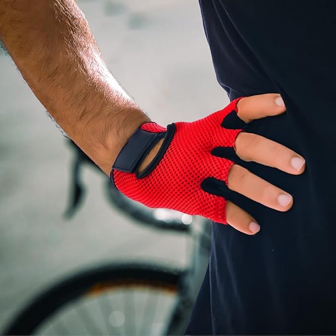 Leather MESH Fingerless Weight Lifting Exercise Gym Wheelchair Gloves Black/RED WLG-021