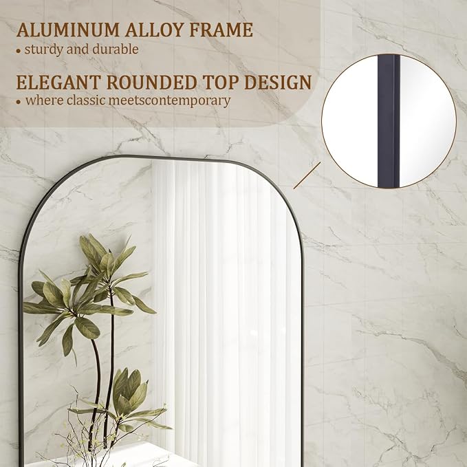 Koonmi Full Length Mirror, 56"x21" Mirror Full Length with Stand | Domed Top Square-Edged ShatterProof Floor Mirror with Black Aluminum Alloy Frame for Bedroom Living Room Home Gym