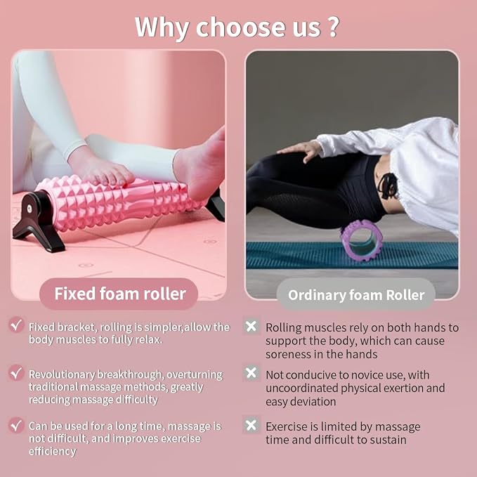 New Upgrade Bracket Foam Roller with Stand for Back Leg Pain, 21 Inch Firm Deep Tissue Muscle Massager for Sore Muscles (Pink)