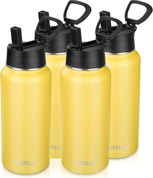 Insulated Water Bottle With Straw,32 oz Vacuum Insulated Stainless Steel Sports Water Flask,Keeps Cold and Hot,Metal Water Bottle Wide Mouth for Gym Travel Camping (Yellow)