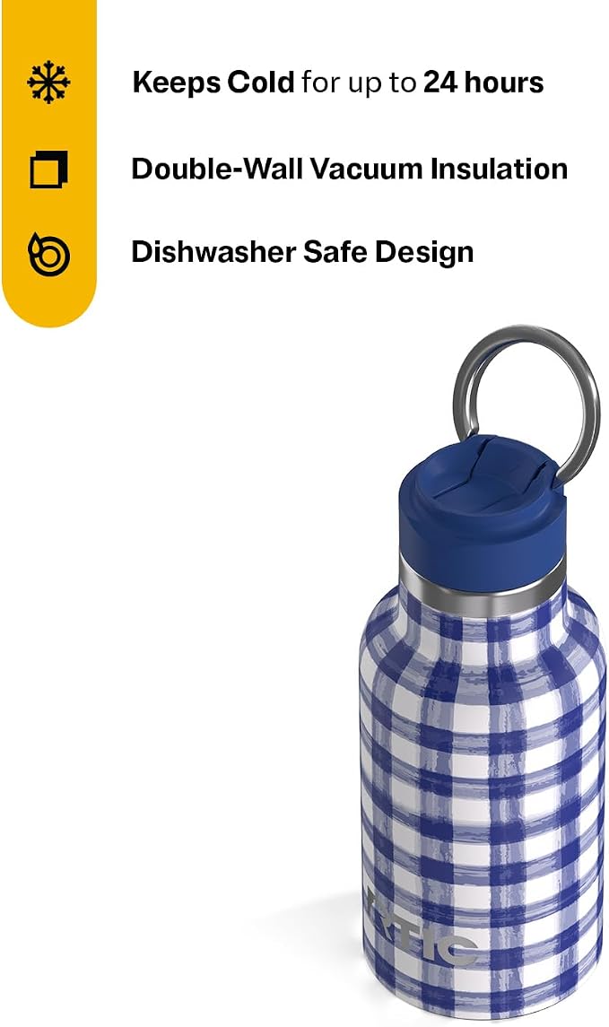 RTIC Little Journey Water Bottle with Straw, Ceramic-Lined, Insulated, Stainless Steel, Metal, Double Wall Vacuum-Insulation, Leak-Proof Lid, BPA-Free Water Flask for Sports, Travel, Cobalt Gingham