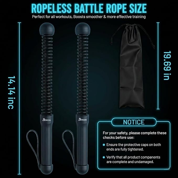 Ropeless Battle Ropes - Heavy Duty Cordless Weighted Exercise Ropes for Working Out - Home Gym Battle Rope with Training Poster