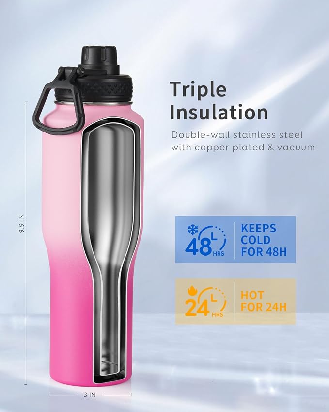 Trebo 32 oz Water Bottle Insulated Fits in Any Car Cup Holder with 2 Lids | Stainless Steel T-shape Tumbler with Paracord Handle, Triple Wall Vacuum Copper Plated, Cold 48 Hrs for Travel, Leakproof
