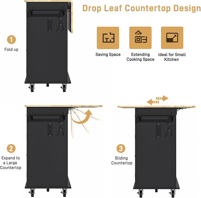 Hlivelood 55" Movable Kitchen Island with Drop Leaf and Power Outlet, Rolling Cart with Storage Cabinet, Island Table on Wheels for Kitchen with 2 Drawers, Spice Rack, Towel Bar, Garage Hook, Black