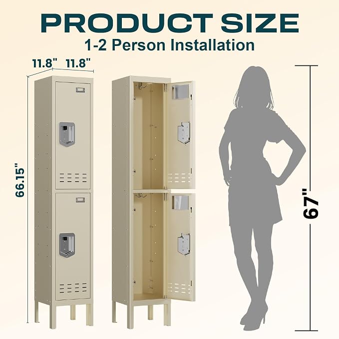 BUTISOW Metal Locker, Beige, 2 Door, 66.15" H x 11.8" W x 11.8" D