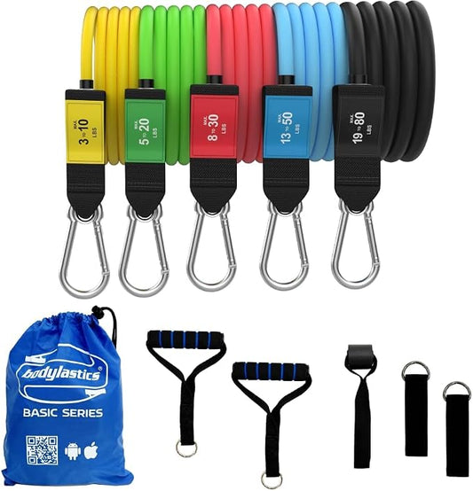 Bodylastics Patented Basic Series Resistance Band Set - Resistance Bands with Snap Reduction Tech, 2 Handles, 2 Ankle Straps, 1 Door Anchor & 1 Carry Bag