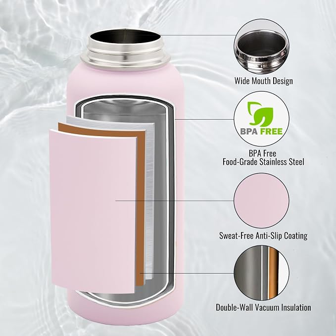 Fijinhom Insulated Water Bottle with Handle, 304 Stainless Steel Water Bottles with Wide Mouth, Double Wall Vacuum Sports Water Bottle, BPA Free, Keep Cold and Hot, 32 Ounces Pink