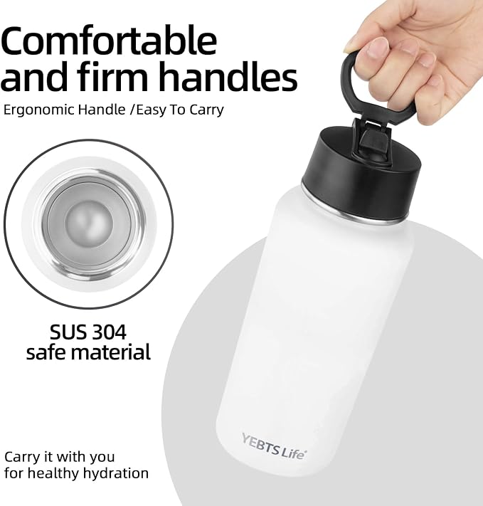 Insulated Water Bottle With Straw,32 oz Vacuum Insulated Stainless Steel Sports Water Flask,Keeps Cold and Hot,Metal Water Bottle Wide Mouth for Gym Travel Camping (White)