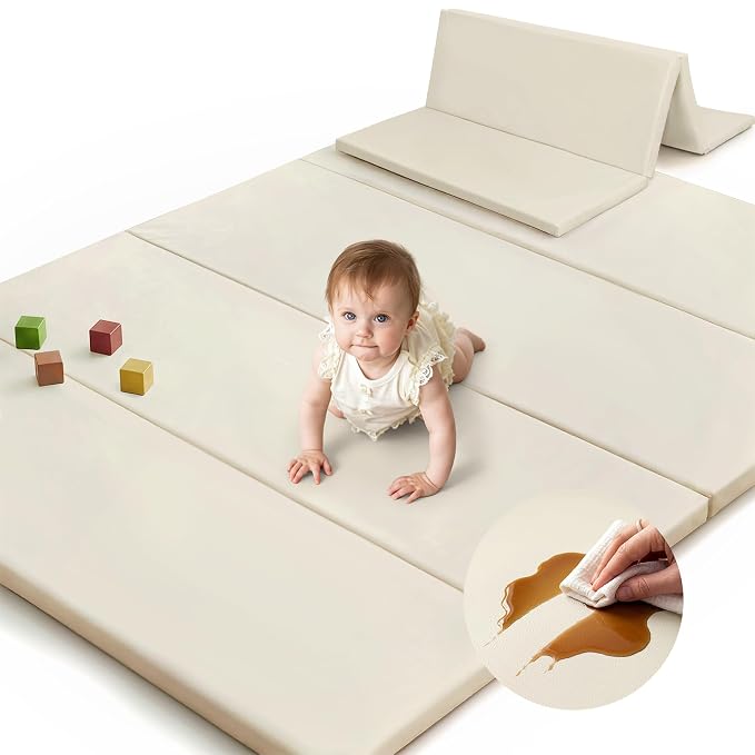 SEPARO Foldable Baby Play Mat,Vegan Leather 71x59 Baby Mat for Floor,Beige | Trifold Waterproof Playmat for Babies,Soft Foam Tumbling Mat,Wipe-Clean&Non-Slip Outdoor Mats,Playmate for Baby Tummy Time
