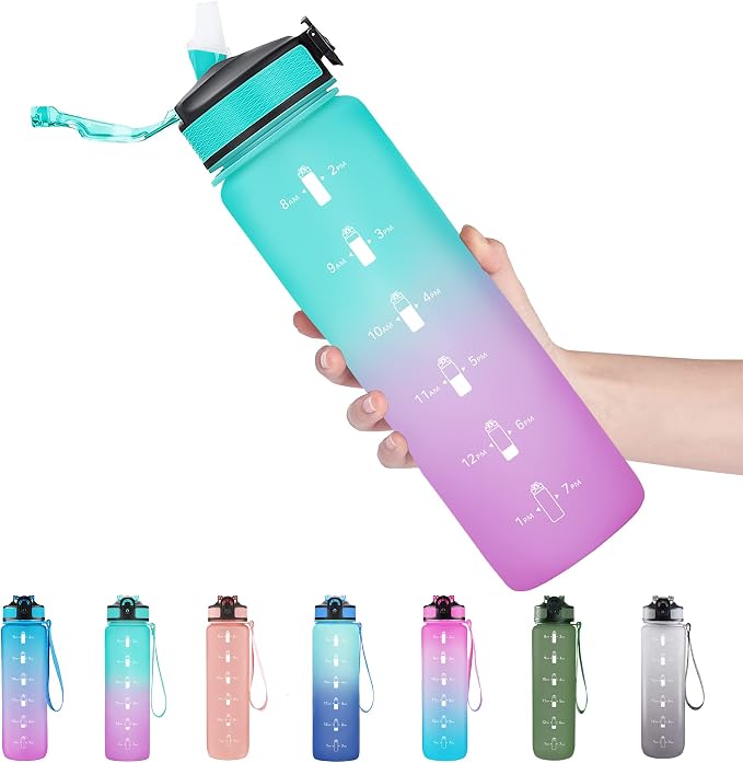 EYQ 32oz Water Bottle with Straw, Time Marker, Blue Purple | Blue Purple Tritan, BPA Free, Time Marker, Leakproof Lock Lid, Wide Mouth, for Gym, School, Office and Travel