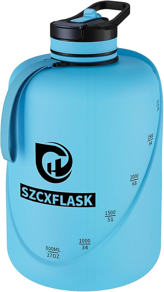 Large Gym Water Bottle 1 Gallon with Measurement Marks, Drop Resistant Fitness Jug with Straw & Direct Drink Lid, Sweat-Proof Reusable Sports Flask with 3 Ways Carry Strap for Workout