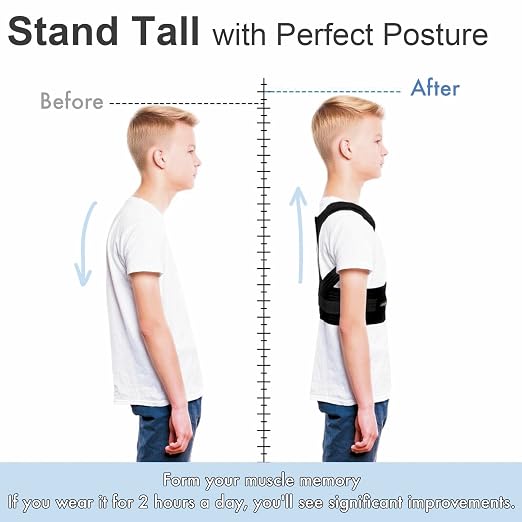 Kids Back Brace Posture Corrector for Boys Girls Teen Youth, Adjustable Upper Back Straightener Lumbar Support Belt for Children Teenager Hunchback Scoliosis Pain Relief Spine Corrector (Black, Large)