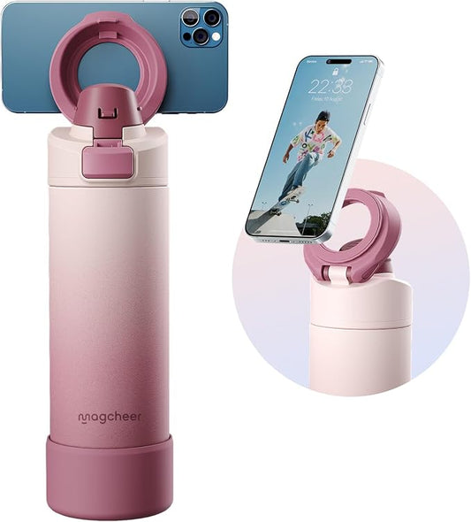 Insulated Magnetic Water Bottle - Reusable Stainless Steel Bottle with MagSafe Compatible Phone Holder - Perfect for Gym, Sports, and Travel - Blush Pink 24oz