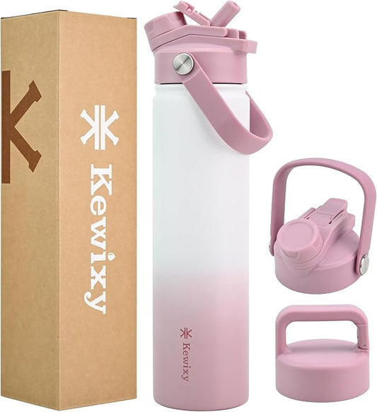 KEWIXY 24 oz Insulated Water Bottle, 2-in-1 Lid, Straw & Spout with Protected, Leak Proof, Keep Cold, Stainless Steel, Metal, Reusable, Handle, for Travel, Gym and School, 2 Lids, Iced Plum