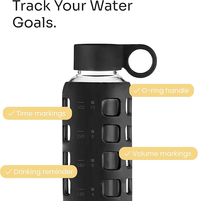 purifyou 40oz / 32oz / 22oz / 12oz Borosilicate Glass Water Bottle with Time & Volume Markers, Silicone Sleeve, Stainless Steel Lid | Reusable Glass Bottle for Water & Juice (12oz Jet Black)