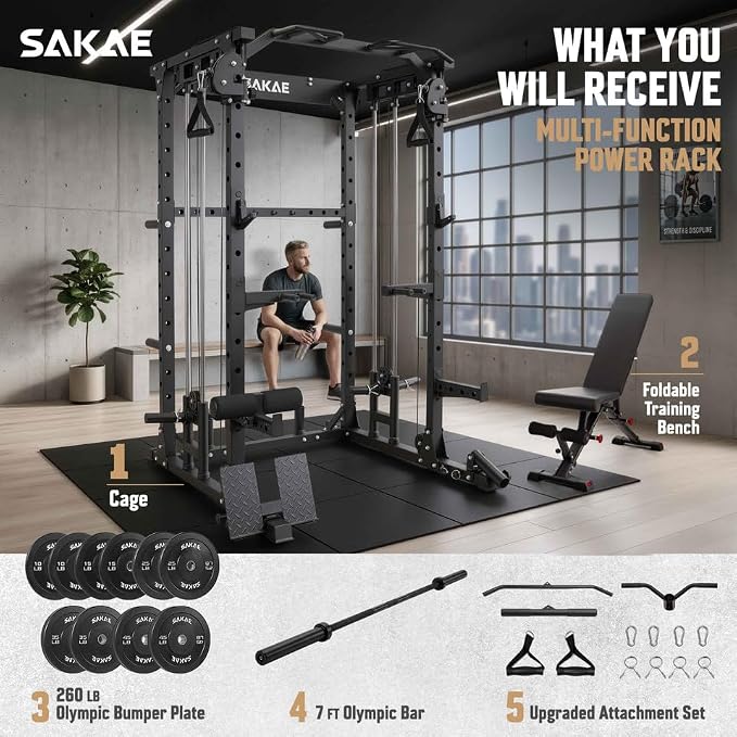 SAKAE Squat Rack with Cable Crossover System, Power Rack with LAT Pull Down, Pull-Up Bar, Dip Bars, Weight Bench, 260 LB Bumper Plates, 7 FT Olympic Bar & Training Attachments, Multiple Options
