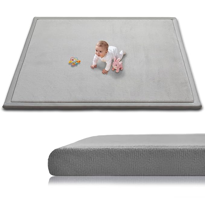 Baby Play Mat for Floor, 71'' x 59'' Thicken Foam Soft Padded Playmat for Tummy Time, Playpen Mat for Toddlers Infant Kids, Water-Repellent Coral Velvet, Non-Slip Bottom Safe for Crawling, Light Grey