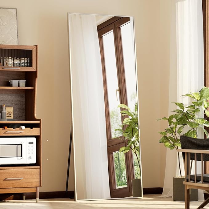 BEAUTYPEAK Full Length Mirror with Stand, 56"x21" Floor Mirror, Silver | ShatterVue Tempered Full Body Mirrors with Aluminum Alloy Thin Frame, Standing or Wall-Mounted Mirrors for Living Room