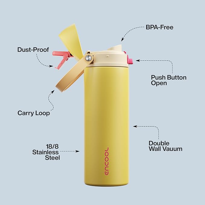 Insulated Water Bottle with Straw - Encool Stainless Steel Water Bottle with Push Button Lid, Leak-Proof & BPA-Free, Keeps Cold for 24 Hours for Sports, Travel, Gym (24 oz, Ginger)