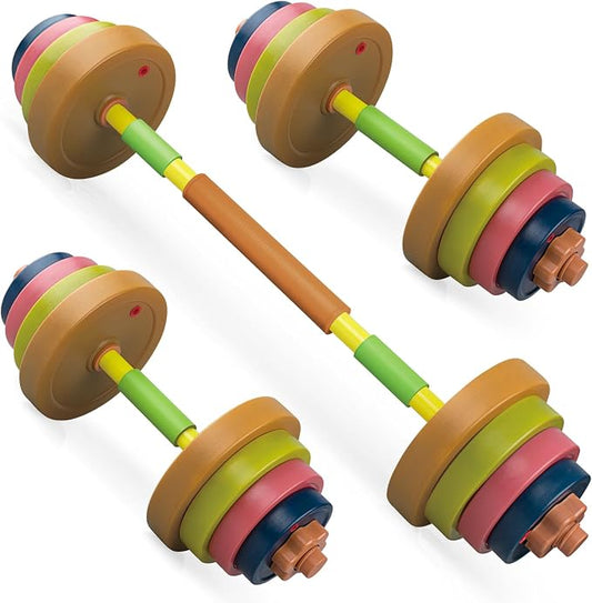 Kids Exercise Weight Set, Barbell and Dumbbell Workout Equipment, Toddler Beginner Gym Toy for Pretend Play Lifting Exercise & Fitness, Adjustable Fill with Sand or Water