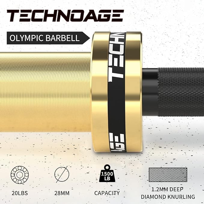 TECHNOAGE 7FT Heat-Treated Alloy Steel Olympic Barbell, 1500LB | 45LB bar with 28mm knurled grip, needle bearings, hard chrome finish, and 2-inch plate fit