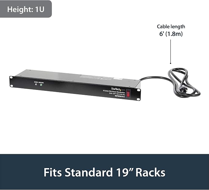 StarTech.com 8 Outlet Horizontal 1U Rack Mount PDU Power Strip for Network Server Racks - Surge Protection - 120V/15A - w/ 6ft Power Cord (RKPW081915) | Power strip for network server racks, Surge protection, Rugged steel chassis, LED ground and surge ...