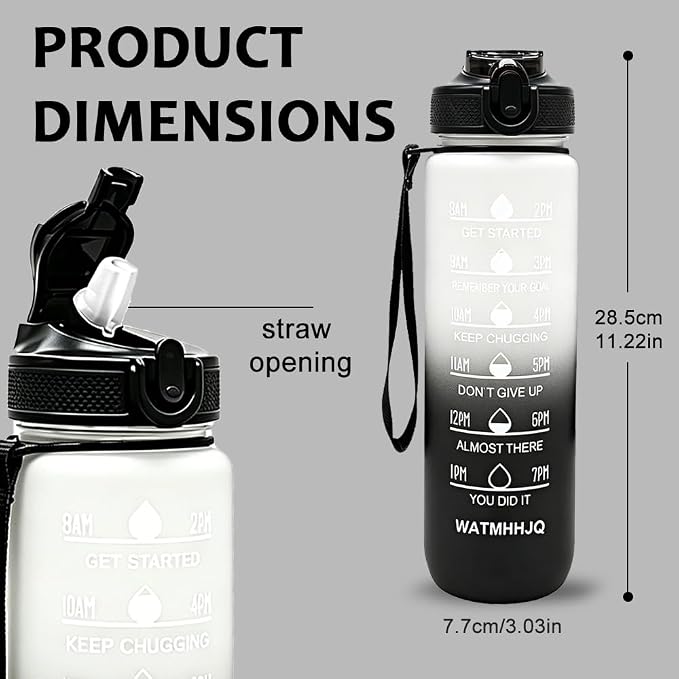 32oz Sports Water Bottle Outdoor, with Drinking Time and Capacity Labels, Sport Water Cups with Straw,BPA Free Leak Proof,for Fitness Gym Running Climbing (Grey black)