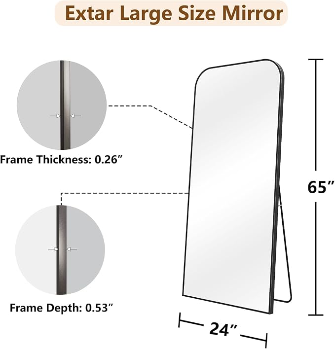 Koonmi Full Length Mirror, 65"x24" Mirror Full Length with Stand | Domed Top Square-Edged ShatterProof Floor Mirror with Black Aluminum Alloy Frame for Bedroom Living Room Home Gym