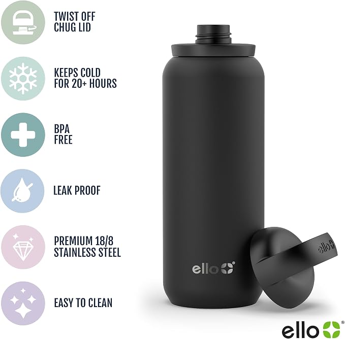 Ello Cooper Twist 22oz Insulated Stainless Steel Chug Water Bottle, Antigua | Leakproof water bottle with chug lid and carry loop. BPA-free, keeps drinks cold 26 hours, great for gym, travel, and school.