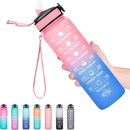 Hyeta Water Bottle with Straw & Time Marker, Plastic 32oz Leakproof | Motivational Tritan BPA Free Gym Office Outdoor Intake Tracker Hourly Reminder Straw Lid Carry Strap