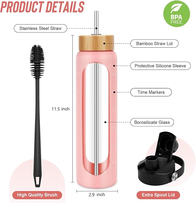 FULBEVY 25 oz Glass Water Bottles - Motivational Tumbler With Time Marker - Borosilicate Glass With Silicone Sleeve and 2 Lids, Handle Spout & Bamboo Straw Lid (Pink)
