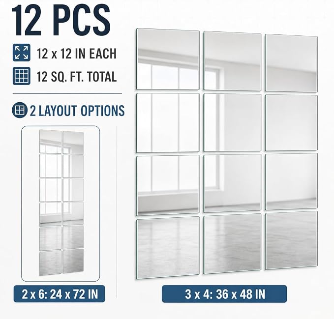 12" x 12" Glass Wall Mirror Tiles for Wall, Frameless Full Length Mirrors Wall Mounted for Home Gym Mirror Yoga Bedroom Dancing Studio Dressing Room (12PCS)