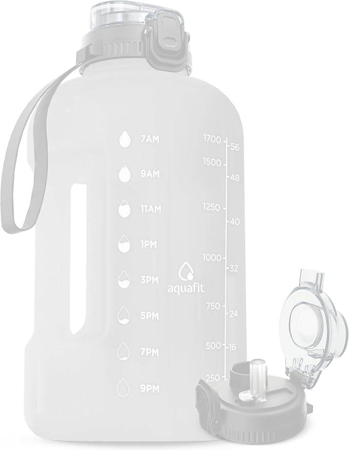AQUAFIT 64 oz Water Bottle with Time Marker, 2in1 Lid | BPA Free Half Gallon Water Bottle with 2in1 Straw and Chug Lid - Leakproof Gym Water Bottle with Carry Handle (Frosty)