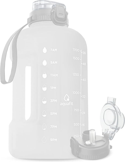 AQUAFIT 64 oz Water Bottle with Time Marker, 2in1 Lid | BPA Free Half Gallon Water Bottle with 2in1 Straw and Chug Lid - Leakproof Gym Water Bottle with Carry Handle (Frosty)