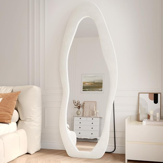 Full Length Mirror, 63"x24" Flannel Floor Mirrors with Stand | Irregular Wavy Mirror Full Body for Bedroom Living Room, Hanging or Leaning Wavy Wall Mirror, Tempered Glass, Beige