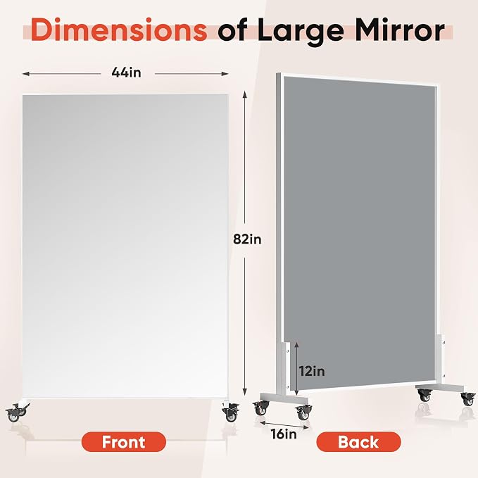 Suidia 82"x44" Extra Large Full Length Mirror on Wheels, 360° Swivel Rolling Mirror Floor, HD Tempered Glass Full Body Standing Mirrors for Home Gym, Yoga, Dance Studio, Bedroom, Rectangular, White