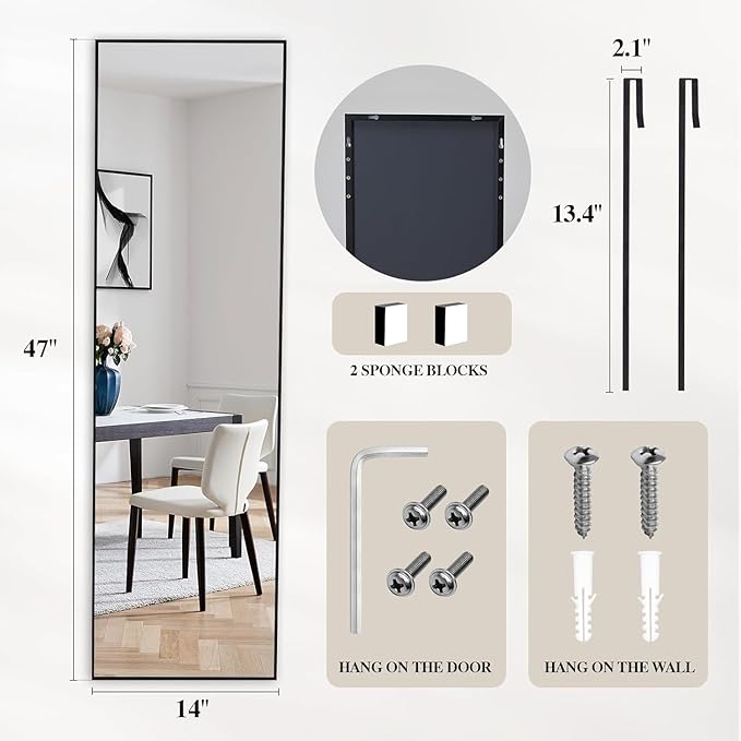 Alpen Black Over The Door Mirror, 47x14 Inches Full Body Mirror Full Length | No Drill for Setup, Easy Door Hanging Use for Closet Organization, Space Saving Bedroom Accessories and Daily Checks