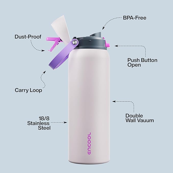 Insulated Water Bottle with Straw - Encool Stainless Steel Water Bottle with Push Button Lid, Leak-Proof & BPA-Free, Keeps Cold for 24 Hours for Sports, Travel, Gym (40 oz, Oyster Pink)