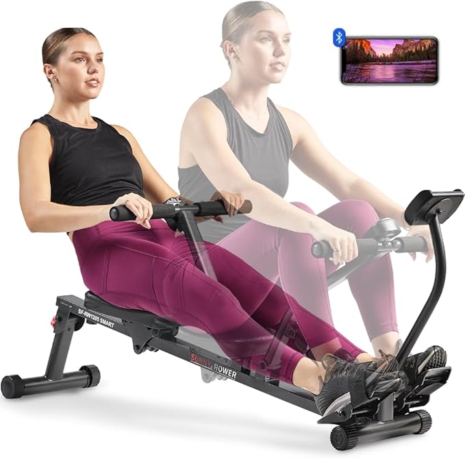 Sunny Health & Fitness Compact Hydraulic Rower with 12-Level Resistance | Full-Body Cardio, Joint-Friendly, Lightweight & Portable, Quiet & Smooth Ride, Easy-Assembly, Free SunnyFit App