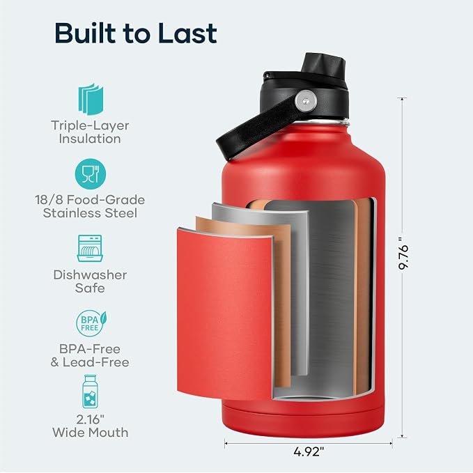 BUZIO 64oz Insulated Water Bottle with Straw Lid and Spout Cap, Stainless Steel Powder-Coat Water Flask, Keep Beverage Cold for 48 Hrs Hot for 24 Hrs Simple Thermo Canteen Mug, Red