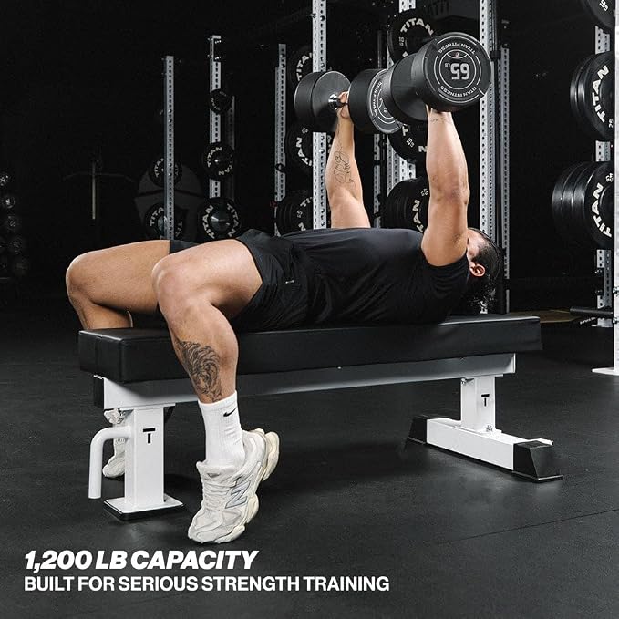 Titan Fitness TITAN Series Single Post Flat Bench, Rated 1,200 LB, 4" Thick HeftyGrip Vinyl Pad, Dedicated Home Gym Competition Weightlifting & Strength Training Utility Bench