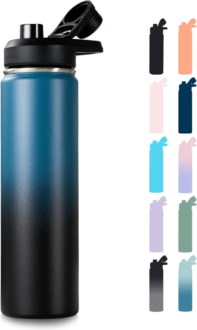 Fijinhom Insulated Water Bottle with Handle, 304 Stainless Steel Water Bottles with Wide Mouth, Double Wall Vacuum Sports Water Bottle, BPA Free, Keep Cold and Hot, 24 Ounces, Blue&Black