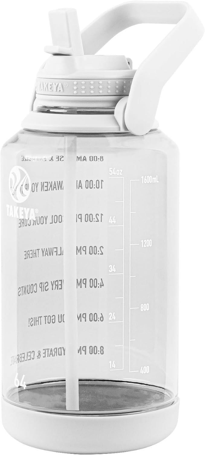 Takeya Motivational Water Bottle with Straw Lid and Time Marker (64 oz, Cloud White) - Leakproof, BPA Free Water Bottle for Daily Intake Tracking